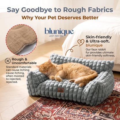 Blunique Modern 3D Diamond Texture Pet Couch Bed - Geometric Furniture-Style Kitten Bed with Faux Rabbit Fur, Sturdy 3-Sided Bolsters, Non-Slip Base, Removable Washable Cozy Fabric Cover, Washable Fabric, 24 Inches