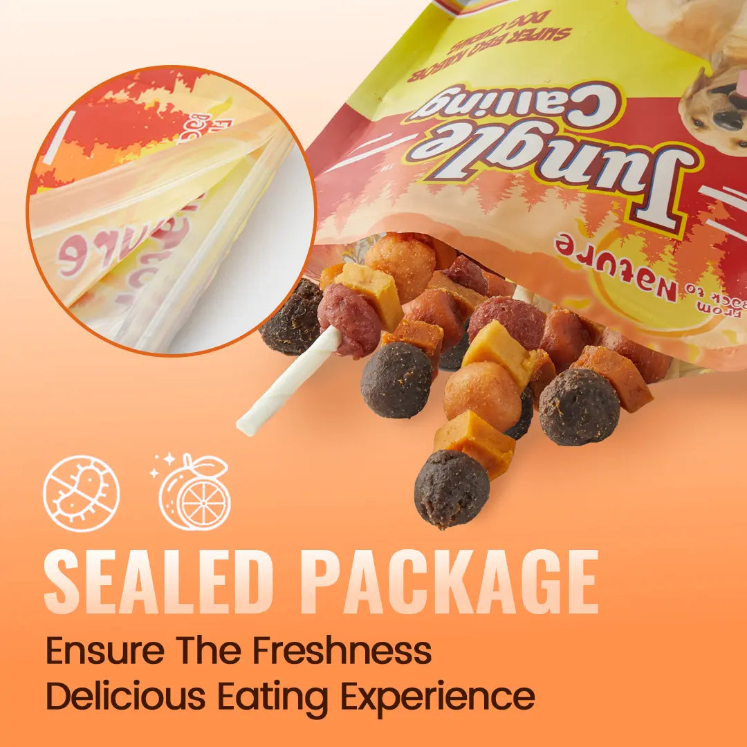 「Buy 1 Get 1 Free」(397G Only) Jungle Calling Chicken, Duck, Beef, Sweet Potato & Pumpkin Kabob Dog Treats, Multi-Flavor Dog Chews, Rawhide Sticks, Chew Sticks, Kabob Treats, Pet Snacks, Reward Treats, Training Treats, Dog Snack Sticks,