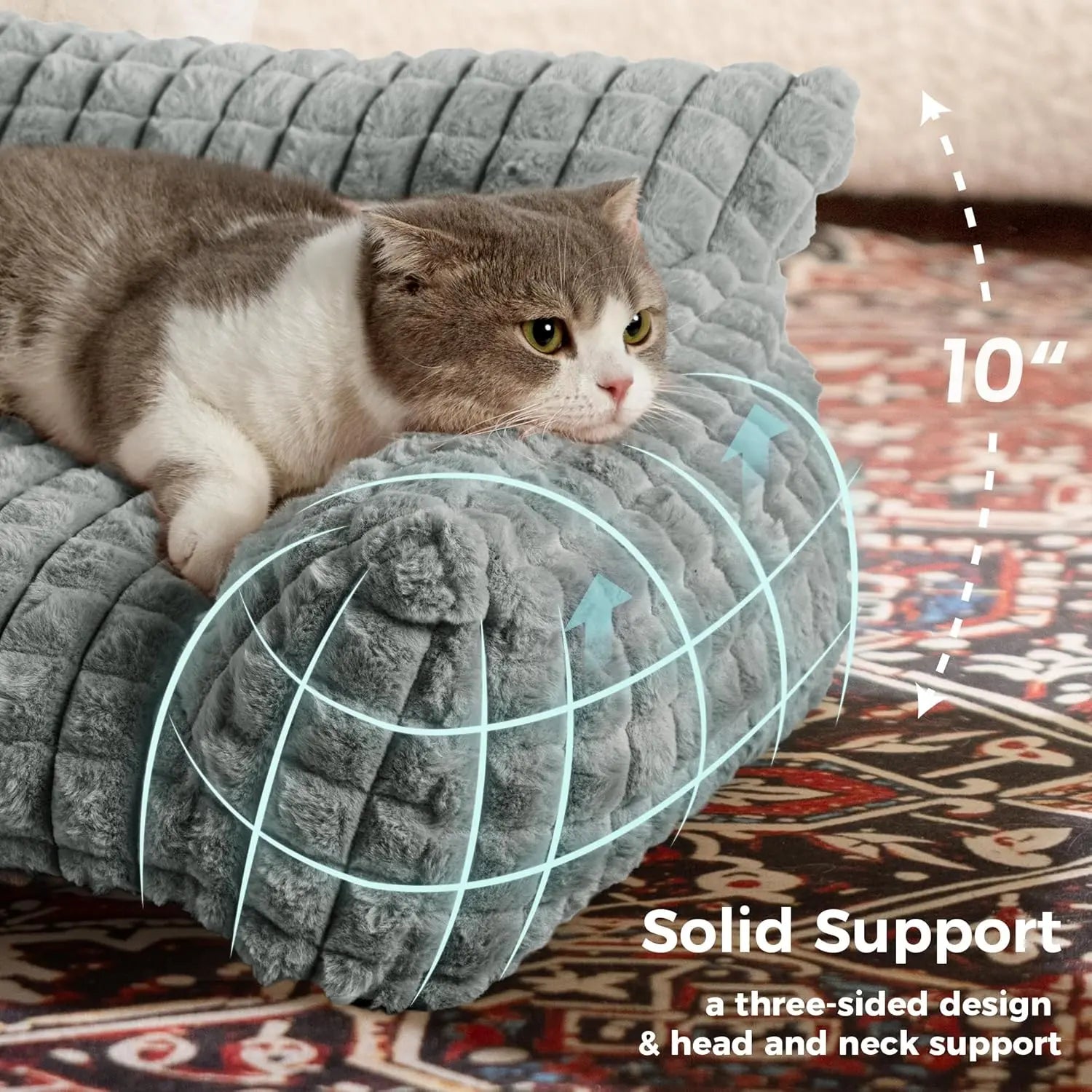 Blunique Modern 3D Diamond Texture Pet Couch Bed - Geometric Furniture-Style Kitten Bed with Faux Rabbit Fur, Sturdy 3-Sided Bolsters, Non-Slip Base, Removable Washable Cozy Fabric Cover, Washable Fabric, 24 Inches