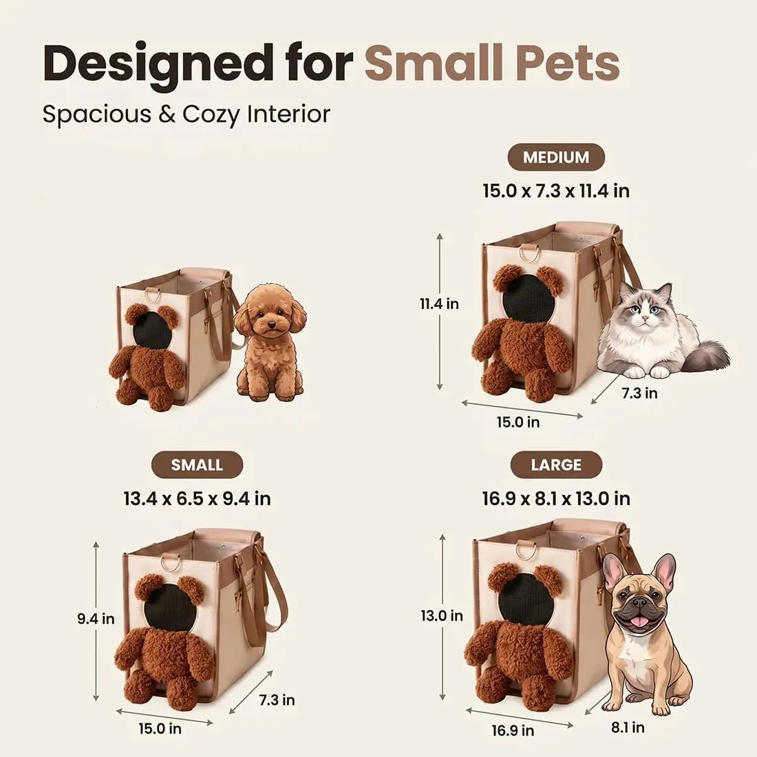 Teddy Carrier Bag for Dogs and Cats, Teddy Bear Dog Carrier Bag, Portable PU Leather Shoulder Tote，2 in 1 Multifunctional Pet Handbag with Plush Ears, Portable Convenient