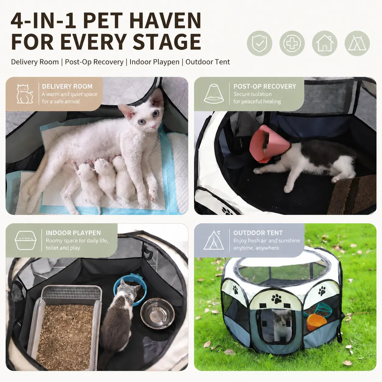 Dog Cat Playpen, Puppy Pet Playpen Indoor for Small Dog Crate Tent Cage Outdoor, Portable Pop up Dogs Enclosure Kennel with Carrying Case for Dogs/Cats/Rabbits