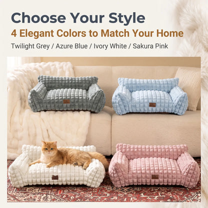 Blunique Modern 3D Diamond Texture Pet Couch Bed - Geometric Furniture-Style Kitten Bed with Faux Rabbit Fur, Sturdy 3-Sided Bolsters, Non-Slip Base, Removable Washable Cozy Fabric Cover, Washable Fabric, 24 Inches