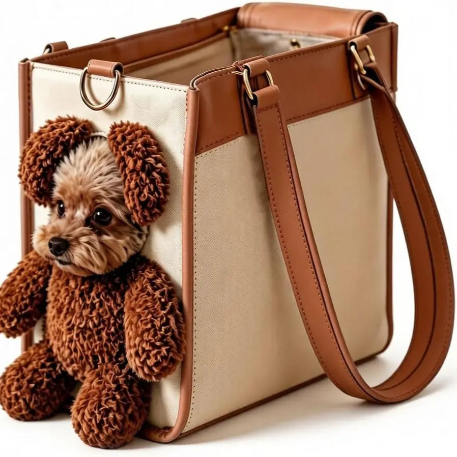Teddy Carrier Bag for Dogs and Cats, Teddy Bear Dog Carrier Bag, Portable PU Leather Shoulder Tote，2 in 1 Multifunctional Pet Handbag with Plush Ears, Portable Convenient