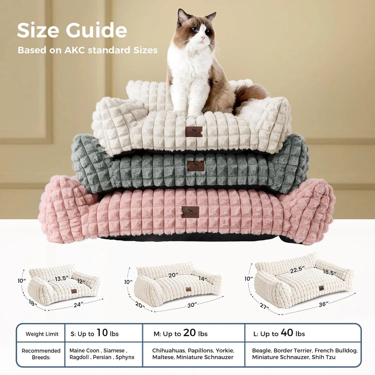Blunique Modern 3D Diamond Texture Pet Couch Bed - Geometric Furniture-Style Kitten Bed with Faux Rabbit Fur, Sturdy 3-Sided Bolsters, Non-Slip Base, Removable Washable Cozy Fabric Cover, Washable Fabric, 24 Inches