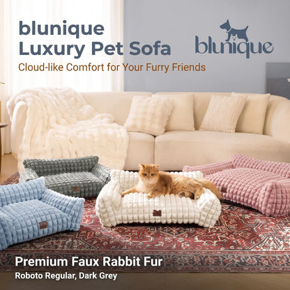 Blunique Modern 3D Diamond Texture Pet Couch Bed - Geometric Furniture-Style Kitten Bed with Faux Rabbit Fur, Sturdy 3-Sided Bolsters, Non-Slip Base, Removable Washable Cozy Fabric Cover, Washable Fabric, 24 Inches