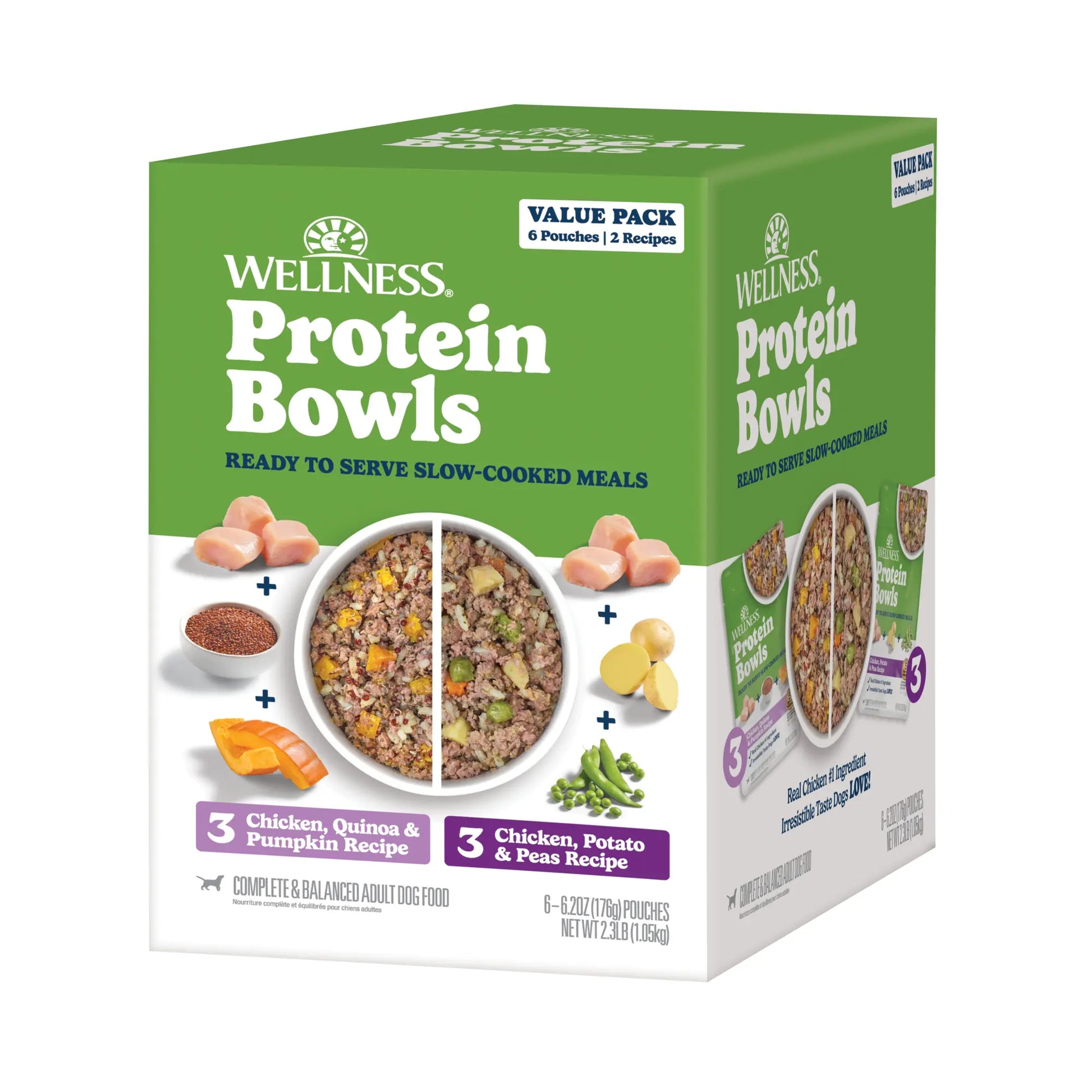 Wellness Protein Bowls, Adult Fresh Alternative Dog Food, Wholesome Grains, 6.2 Ounce Pouch, 6 Pack, (Chicken Value Pack)