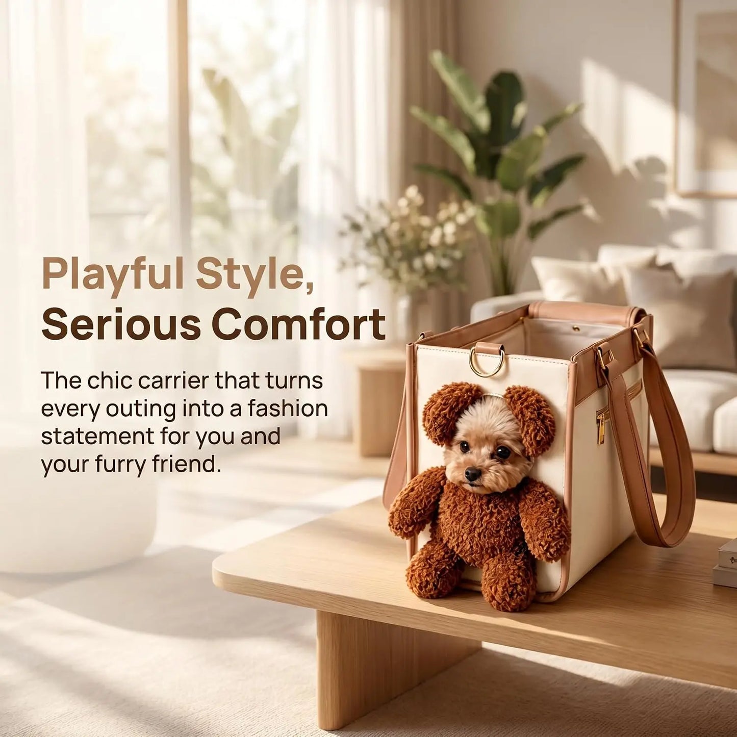 Teddy Carrier Bag for Dogs and Cats, Teddy Bear Dog Carrier Bag, Portable PU Leather Shoulder Tote，2 in 1 Multifunctional Pet Handbag with Plush Ears, Portable Convenient