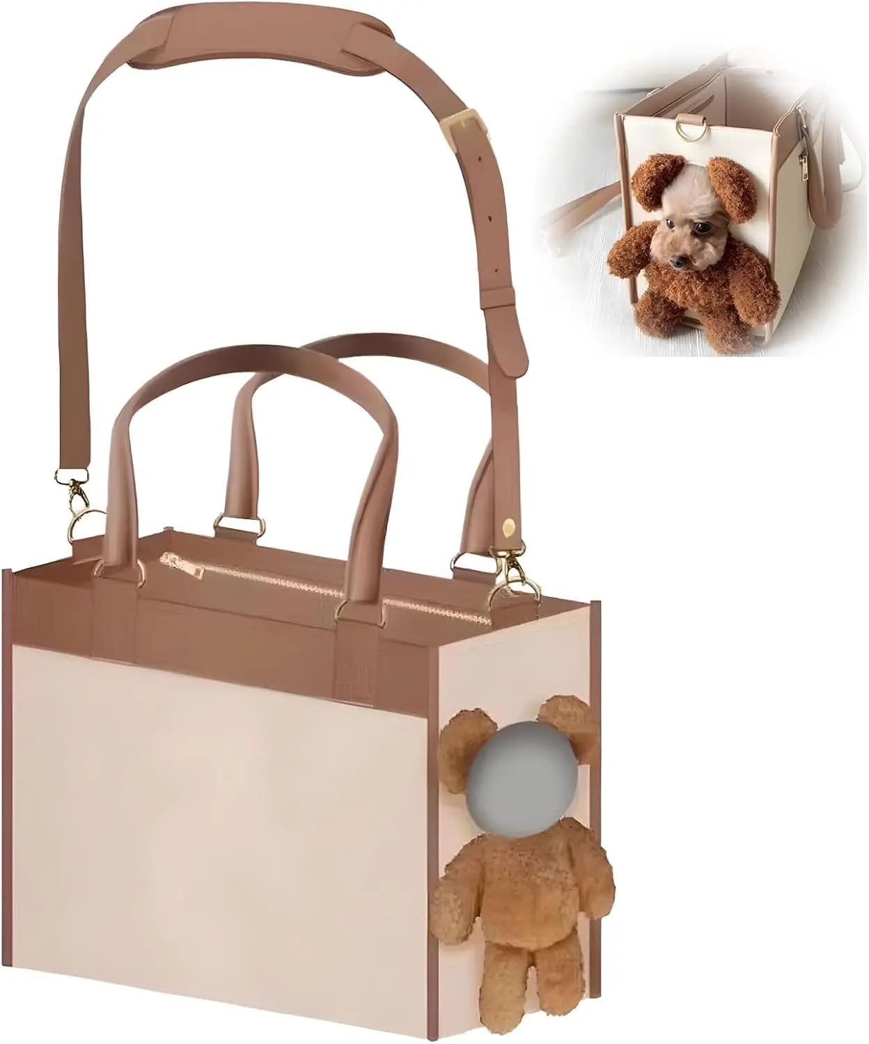 Teddy Carrier Bag for Dogs and Cats, Teddy Bear Dog Carrier Bag, Portable PU Leather Shoulder Tote，2 in 1 Multifunctional Pet Handbag with Plush Ears, Portable Convenient