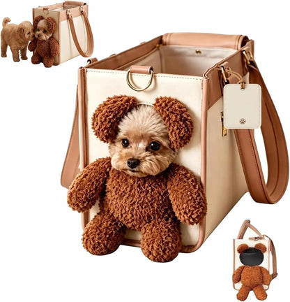 Teddy Carrier Bag for Dogs and Cats, Teddy Bear Dog Carrier Bag, Portable PU Leather Shoulder Tote，2 in 1 Multifunctional Pet Handbag with Plush Ears, Portable Convenient
