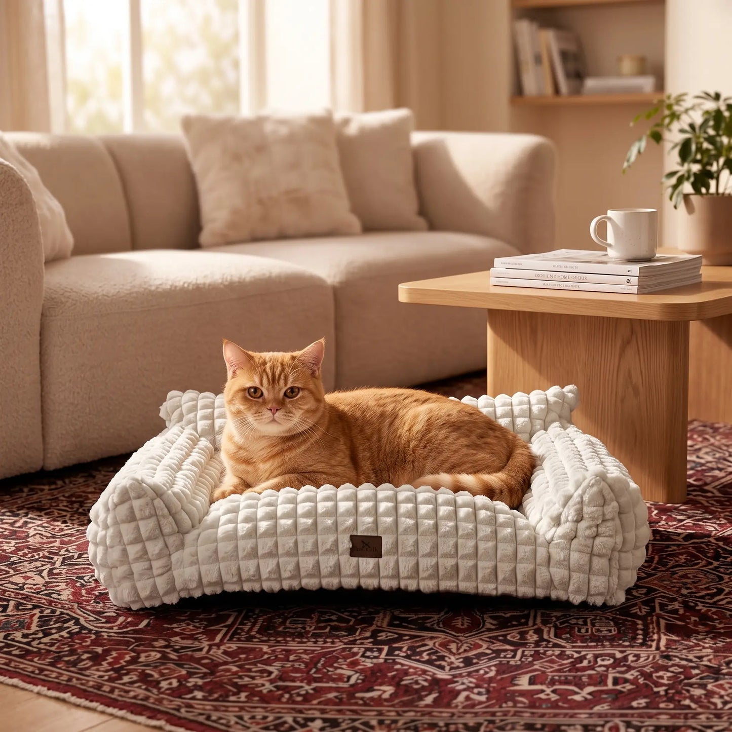 Blunique Modern 3D Diamond Texture Pet Couch Bed - Geometric Furniture-Style Kitten Bed with Faux Rabbit Fur, Sturdy 3-Sided Bolsters, Non-Slip Base, Removable Washable Cozy Fabric Cover, Washable Fabric, 24 Inches