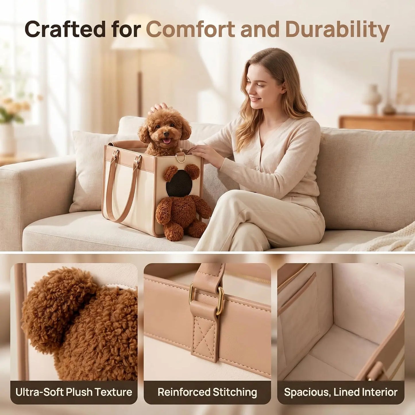 Teddy Carrier Bag for Dogs and Cats, Teddy Bear Dog Carrier Bag, Portable PU Leather Shoulder Tote，2 in 1 Multifunctional Pet Handbag with Plush Ears, Portable Convenient