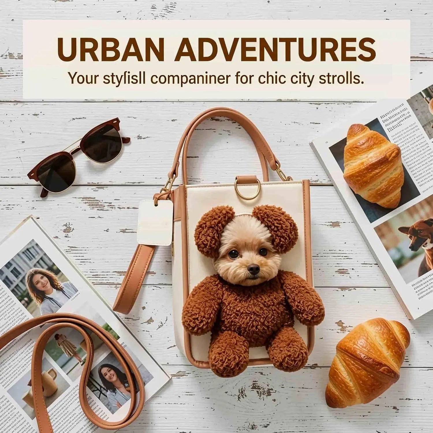 Teddy Carrier Bag for Dogs and Cats, Teddy Bear Dog Carrier Bag, Portable PU Leather Shoulder Tote，2 in 1 Multifunctional Pet Handbag with Plush Ears, Portable Convenient