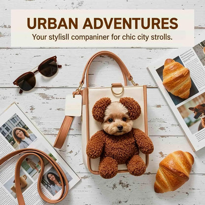 Teddy Carrier Bag for Dogs and Cats, Teddy Bear Dog Carrier Bag, Portable PU Leather Shoulder Tote，2 in 1 Multifunctional Pet Handbag with Plush Ears, Portable Convenient