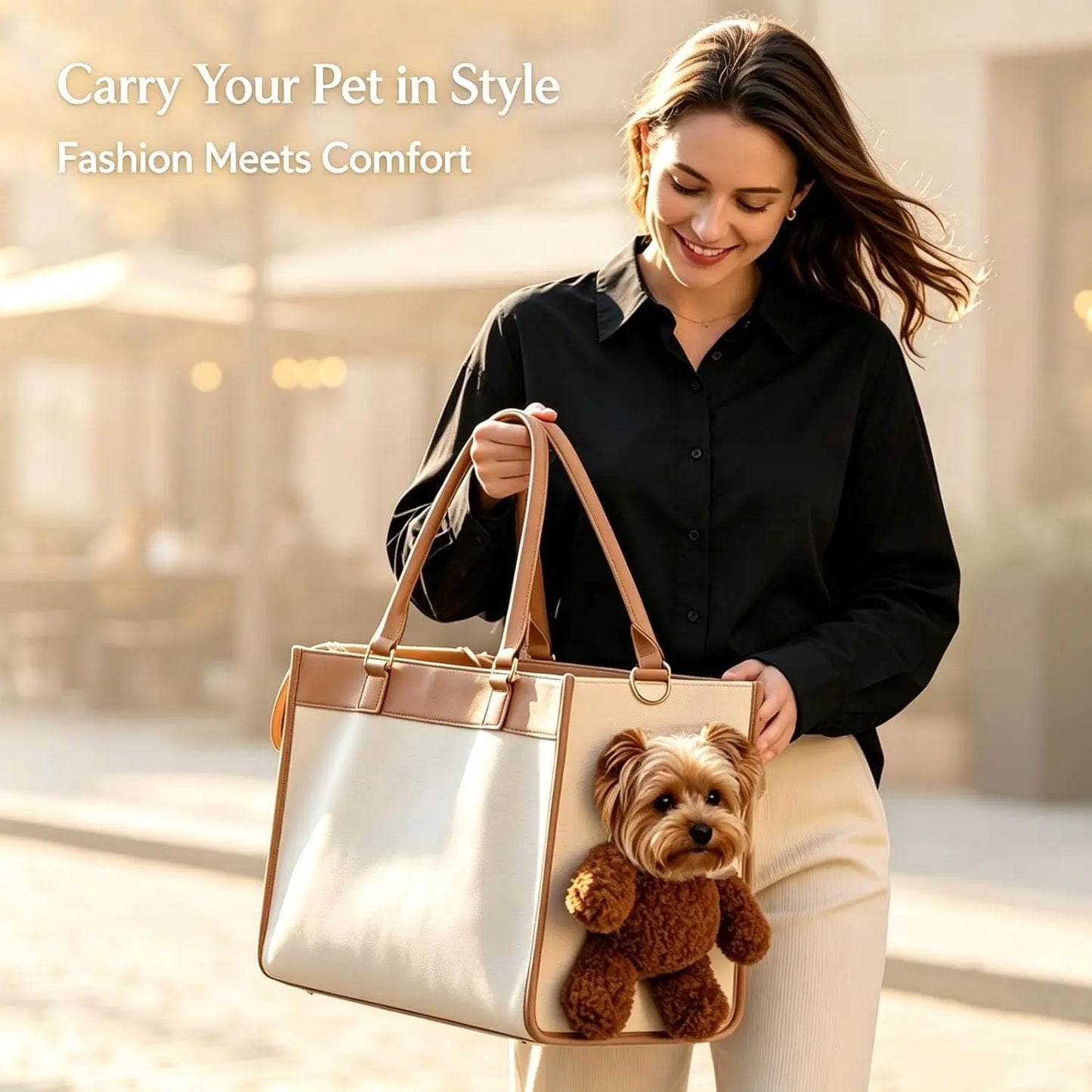 Teddy Carrier Bag for Dogs and Cats, Teddy Bear Dog Carrier Bag, Portable PU Leather Shoulder Tote，2 in 1 Multifunctional Pet Handbag with Plush Ears, Portable Convenient
