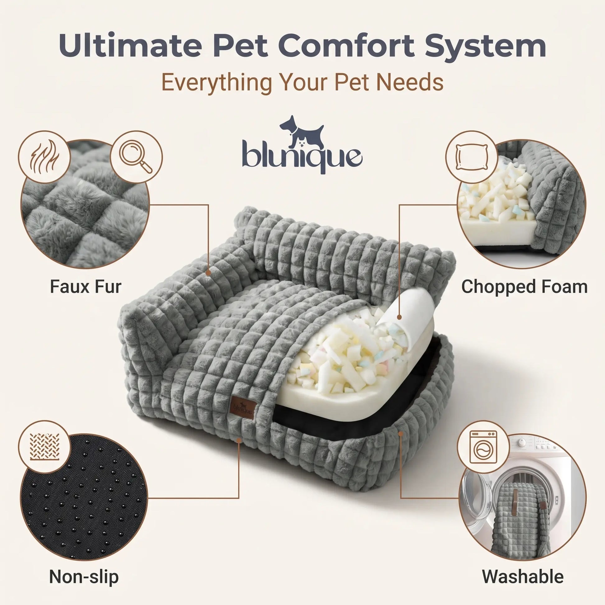 Blunique Modern 3D Diamond Texture Pet Couch Bed - Geometric Furniture-Style Kitten Bed with Faux Rabbit Fur, Sturdy 3-Sided Bolsters, Non-Slip Base, Removable Washable Cozy Fabric Cover, Washable Fabric, 24 Inches