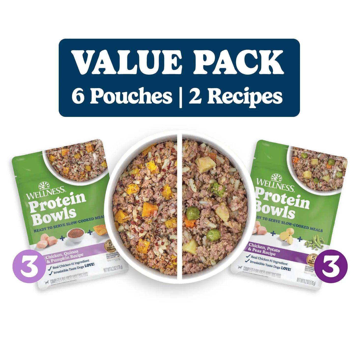 Wellness Protein Bowls, Adult Fresh Alternative Dog Food, Wholesome Grains, 6.2 Ounce Pouch, 6 Pack, (Chicken Value Pack)
