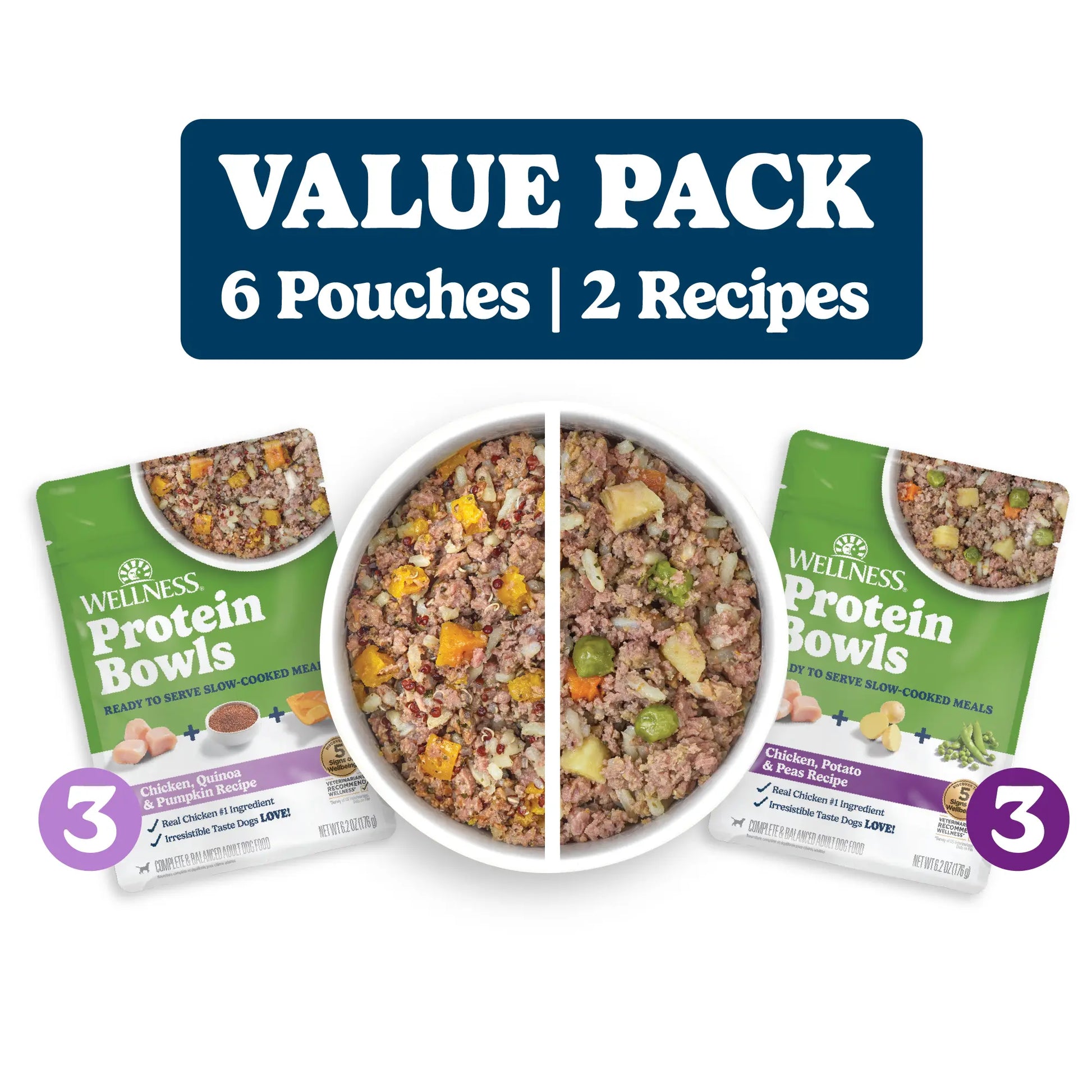 Wellness Protein Bowls, Adult Fresh Alternative Dog Food, Wholesome Grains, 6.2 Ounce Pouch, 6 Pack, (Chicken Value Pack)