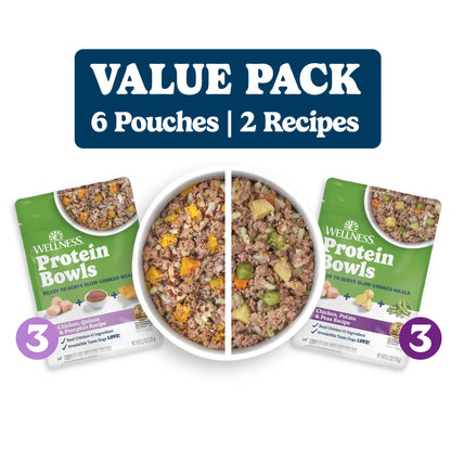 Wellness Protein Bowls, Adult Fresh Alternative Dog Food, Wholesome Grains, 6.2 Ounce Pouch, 6 Pack, (Chicken Value Pack)