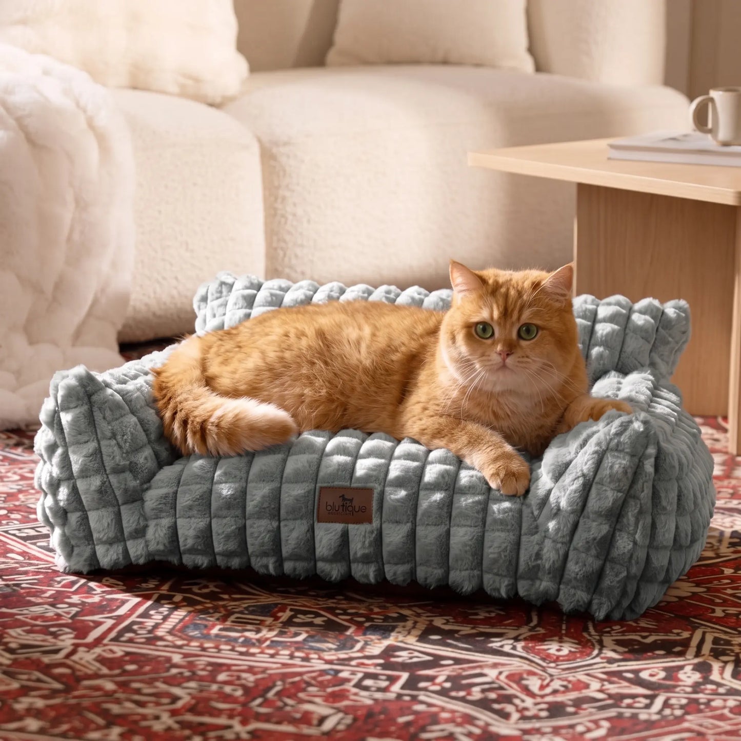 Blunique Modern 3D Diamond Texture Pet Couch Bed - Geometric Furniture-Style Kitten Bed with Faux Rabbit Fur, Sturdy 3-Sided Bolsters, Non-Slip Base, Removable Washable Cozy Fabric Cover, Washable Fabric, 24 Inches