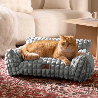 Blunique Modern 3D Diamond Texture Pet Couch Bed - Geometric Furniture-Style Kitten Bed with Faux Rabbit Fur, Sturdy 3-Sided Bolsters, Non-Slip Base, Removable Washable Cozy Fabric Cover, Washable Fabric, 24 Inches