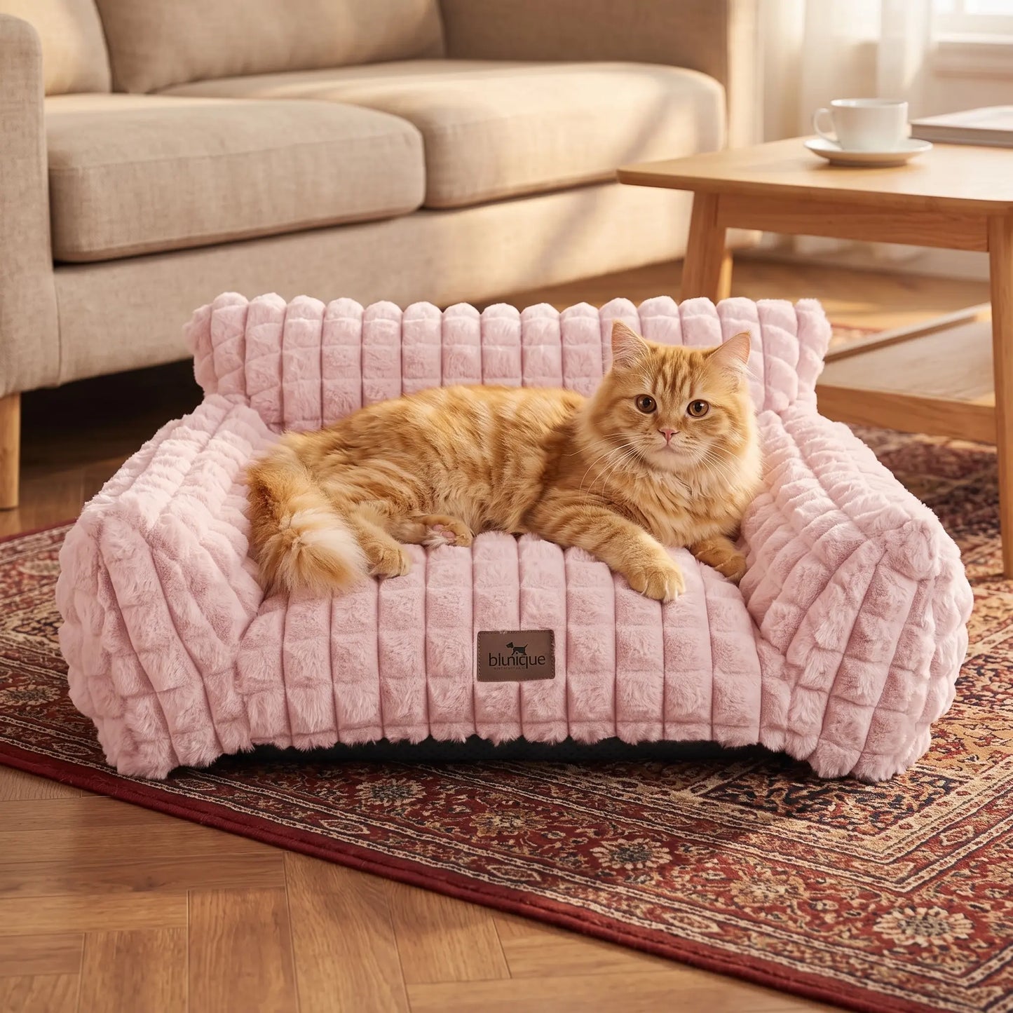 Blunique Modern 3D Diamond Texture Pet Couch Bed - Geometric Furniture-Style Kitten Bed with Faux Rabbit Fur, Sturdy 3-Sided Bolsters, Non-Slip Base, Removable Washable Cozy Fabric Cover, Washable Fabric, 24 Inches